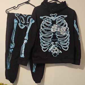 Old Navy Black Track Set with Blue Skeleton Graphic